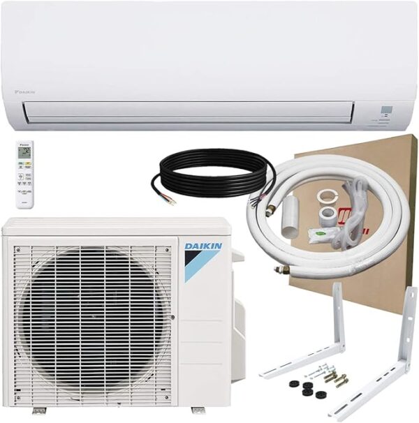 大金空调Daikin 9,000 BTU AURORA 19.5 SEER2 Low Ambient Ductless Mini Split A/C Heat Pump w/Maxwell 16' Installation Kit and Wall Bracket (230V), White, FTX09W+RXL09W+IKM1438