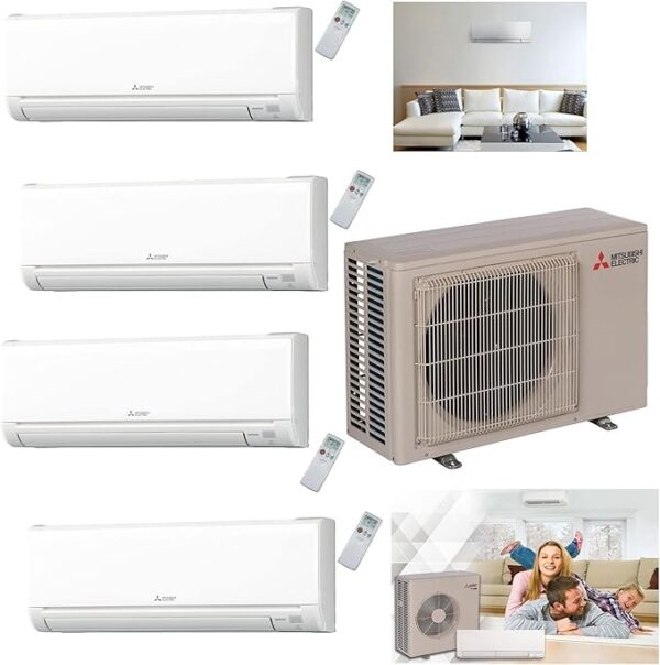 三菱一拖四空调Mitsubishi 36,000 BTU Quad Zone Ductless Mini Split System with Wall Mount units, 4 x 9,000 Btu Indoor Units, SEER 19 Cool & Heat Energy Efficient