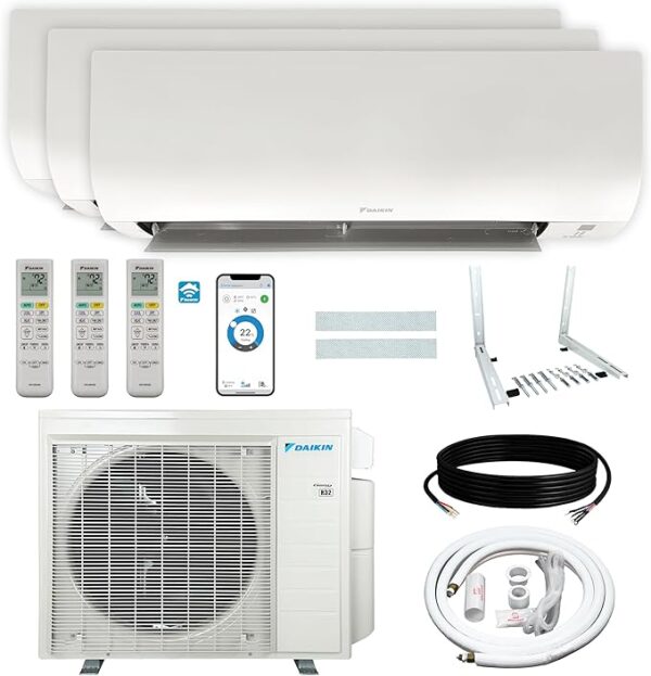 大金分体空调批发一拖三空调Daikin 24,000 BTU 21SEER2 3-Zone Mini Split Air Conditioner Heat Pump System R32 with Maxwell 15 ft. Installation Kit and Wall Mounting Bracket (9,000 BTU + 12,000 BTU + 12,000 BTU)